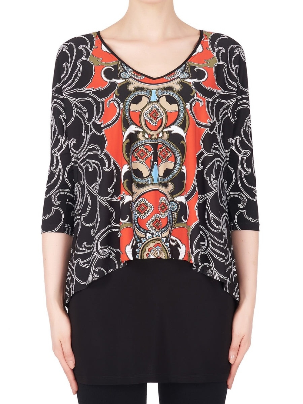 Joseph Ribkoff Black and Coral Center-Print V-Neck Tunic